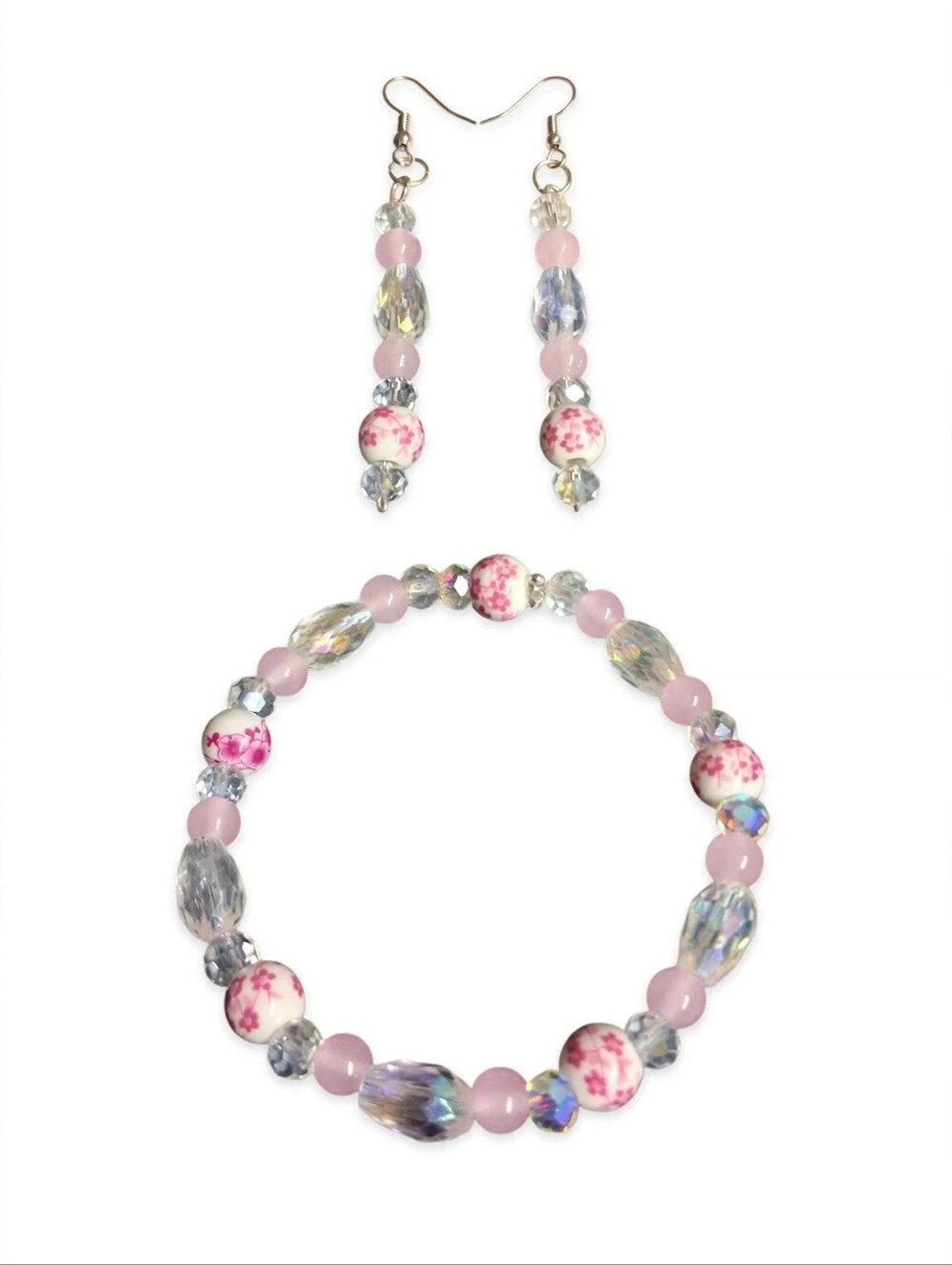 Pink Beaded Floral Bracelet and Earrings Set
